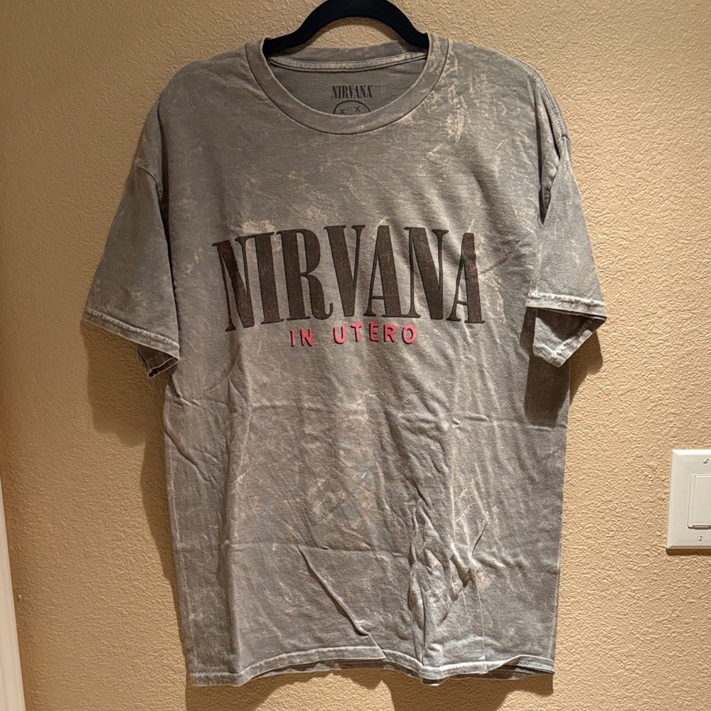 NIRVANA Distressed Gray Tee with Red Accents unisex Graphic Tee